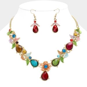 Colorful Flower Leaf Pendant Necklace Chain Bib Metal Statement Jewelry Set